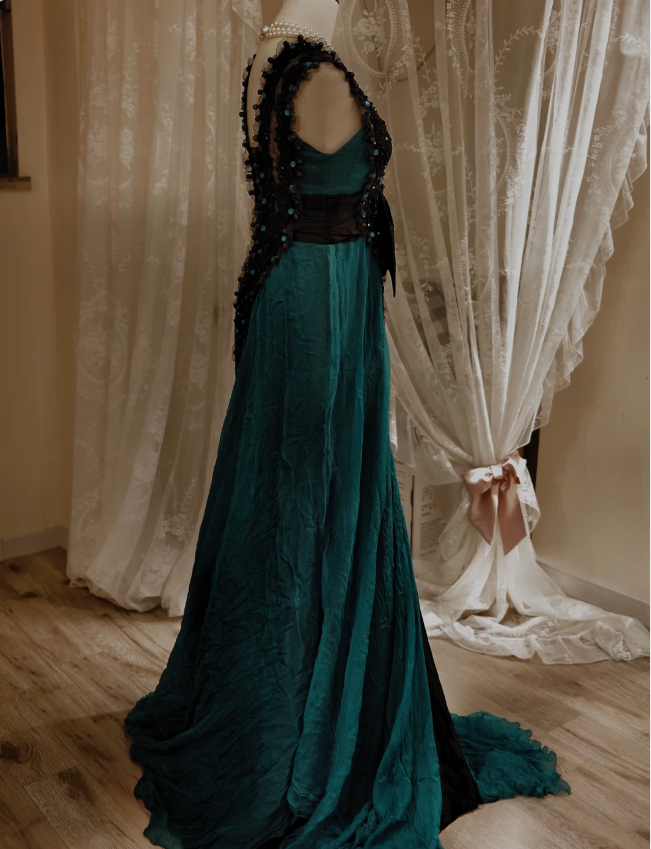Vintage Dark Green A-Line V-Neck Bow Beaded Chiffon Long Prom Dress Evening Dress