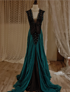 Vintage Dark Green A-Line V-Neck Bow Beaded Chiffon Long Prom Dress Evening Dress