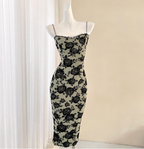 Vintage Dark Green Base Black Rose Printed Slim-Fit Spaghetti Strap Satin Prom Dress Evening Dress