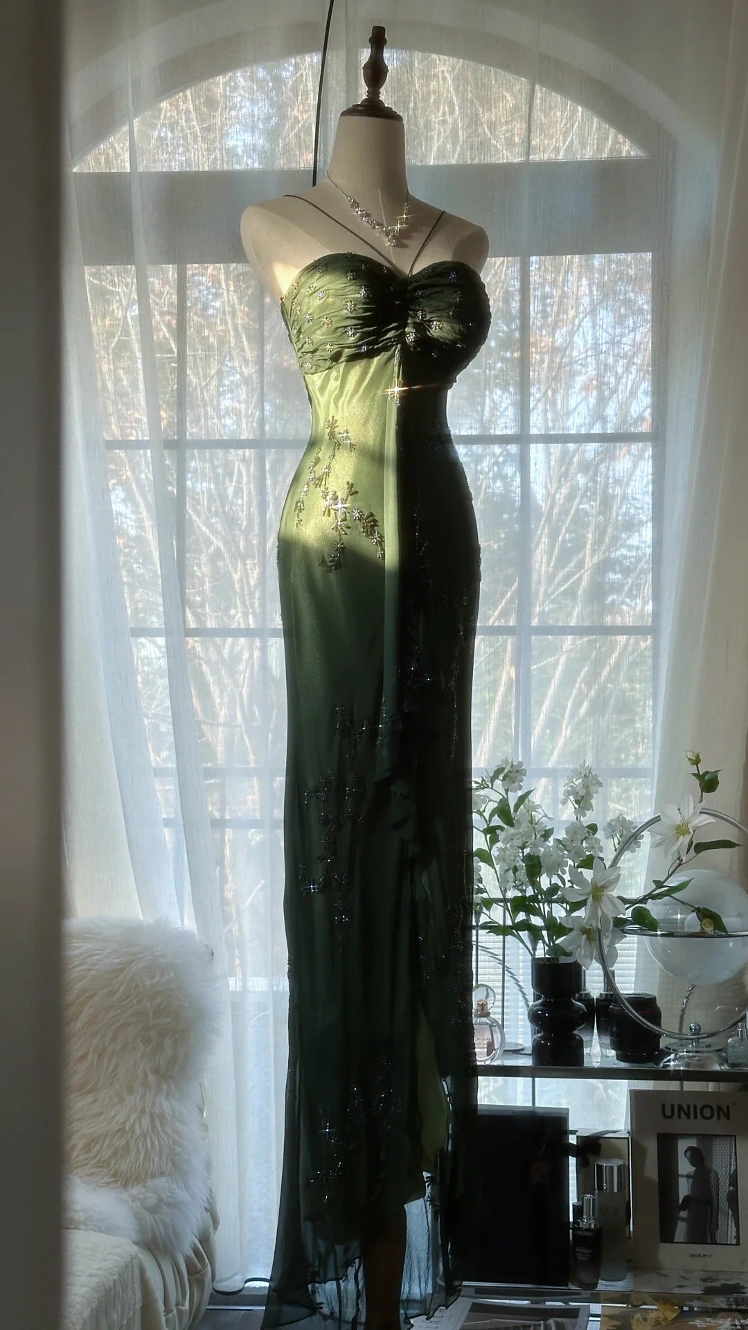 Vintage Dark Green Strapless Beaded Chiffon Mermaid Long Prom Dress