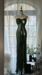 Vintage Dark Green Strapless Beaded Chiffon Mermaid Long Prom Dress