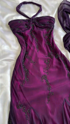 Vintage Dark Purple Halter-Neck Beaded Ruffled Charming Prom Dress Evening Dress Party Dress