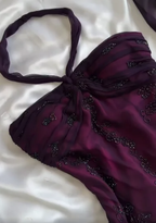 Vintage Dark Purple Halter-Neck Beaded Ruffled Charming Prom Dress Evening Dress Party Dress