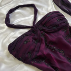 Vintage Dark Purple Halter-Neck Beaded Ruffled Charming Prom Dress Evening Dress Party Dress