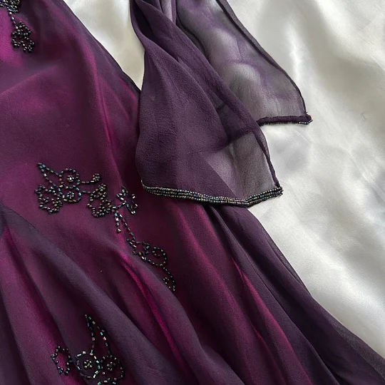 Vintage Dark Purple Halter-Neck Beaded Ruffled Charming Prom Dress Evening Dress Party Dress