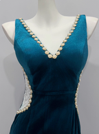 Vintage Deep Peacock Blue Mermaid V-Neck Pearl Slit Velvet Long Prom Dress Evening Dress