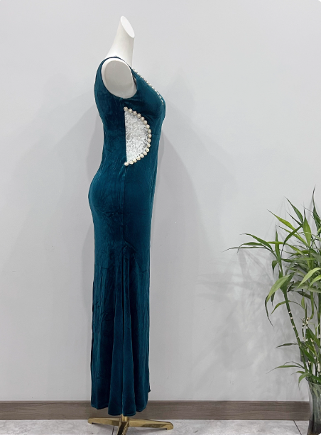 Vintage Deep Peacock Blue Mermaid V-Neck Pearl Slit Velvet Long Prom Dress Evening Dress