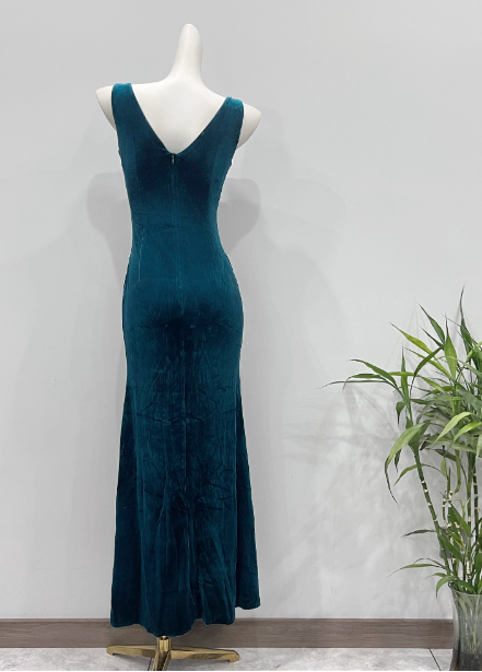 Vintage Deep Peacock Blue Mermaid V-Neck Pearl Slit Velvet Long Prom Dress Evening Dress