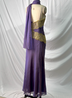 Vintage Deep Purple Gold Lace Thin Strap V-Neck Chiffon Long Prom Dress Evening Dress