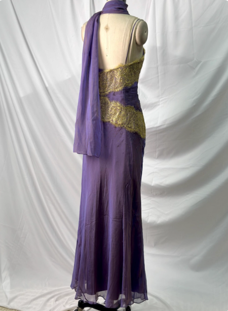 Vintage Deep Purple Gold Lace Thin Strap V-Neck Chiffon Long Prom Dress Evening Dress