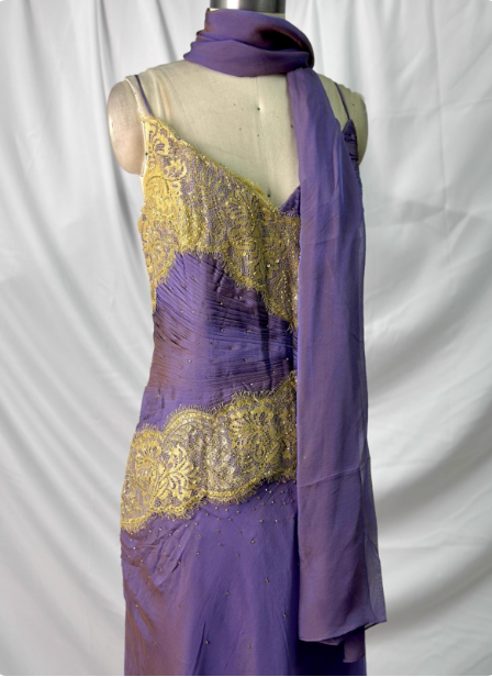 Vintage Deep Purple Gold Lace Thin Strap V-Neck Chiffon Long Prom Dress Evening Dress