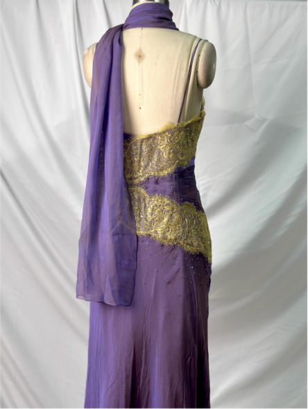Vintage Deep Purple Gold Lace Thin Strap V-Neck Chiffon Long Prom Dress Evening Dress
