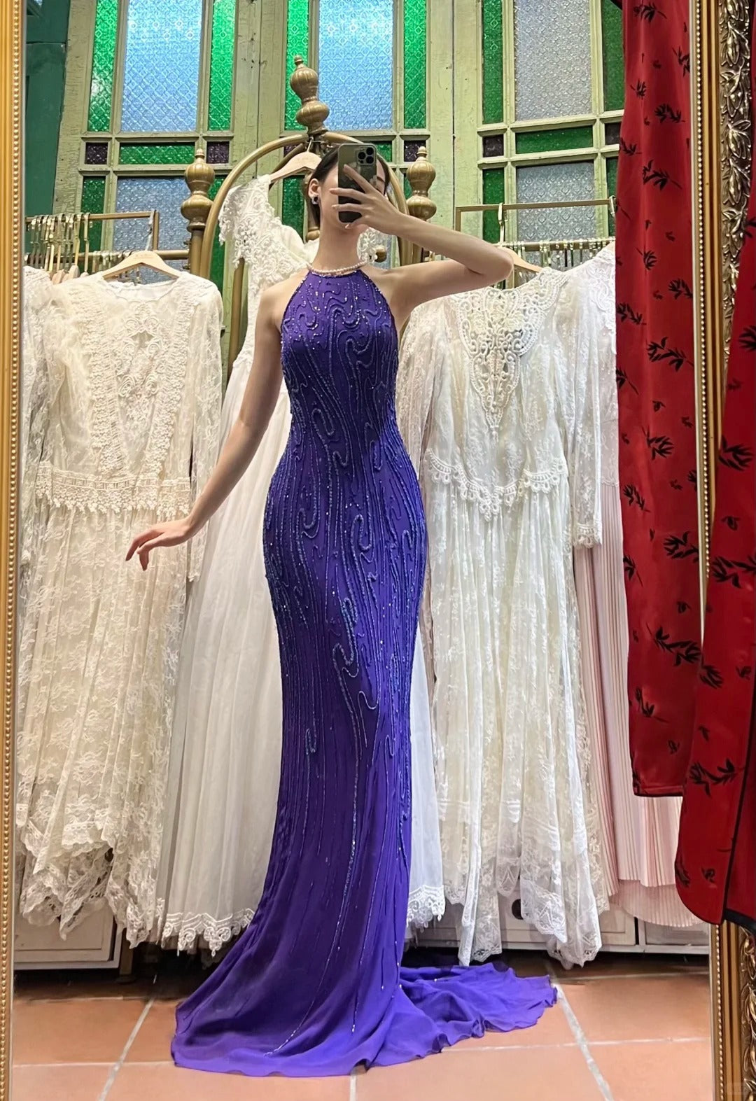 Vintage Deep Purple Mermaid Halter Neck Backless Beaded Chiffon Prom Dress Evening Dress