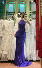 Vintage Deep Purple Mermaid Halter Neck Backless Beaded Chiffon Prom Dress Evening Dress