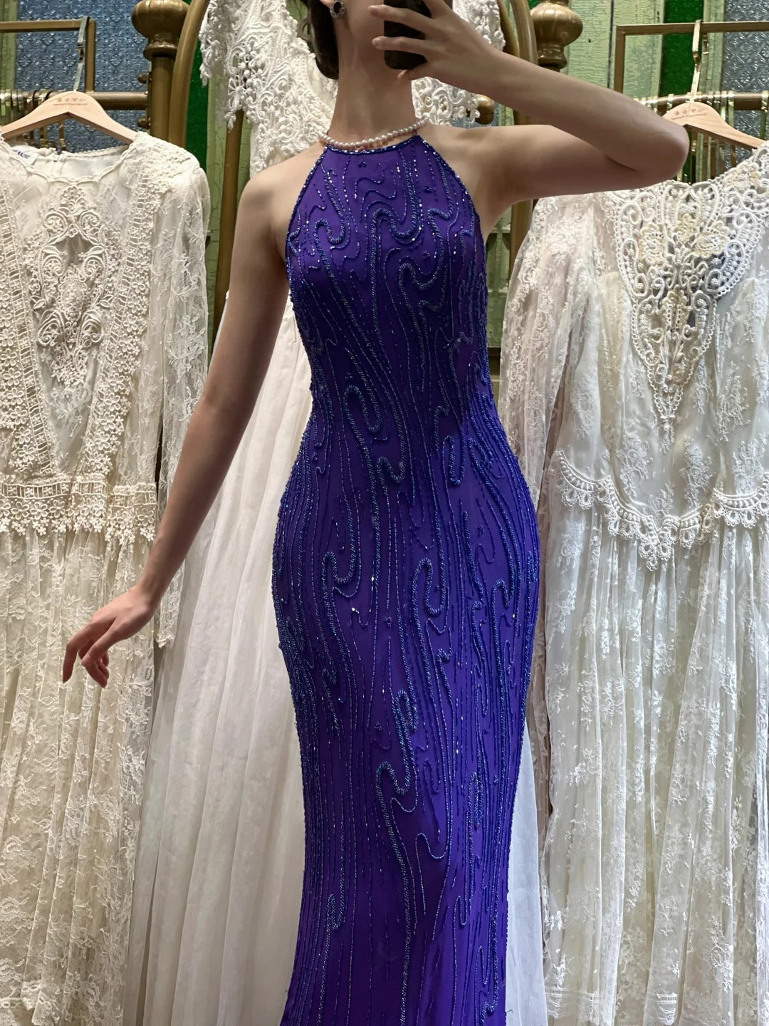 deep purple chiffon dress Stunning Deep Purple Chiffon Halter Neck Dress