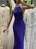 Vintage Deep Purple Mermaid Halter Neck Backless Beaded Chiffon Prom Dress Evening Dress