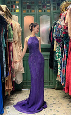 Vintage Deep Purple Mermaid Halter Neck Backless Beaded Chiffon Prom Dress Evening Dress