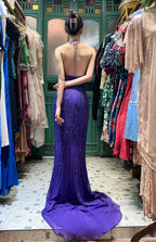 Vintage Deep Purple Mermaid Halter Neck Backless Beaded Chiffon Prom Dress Evening Dress