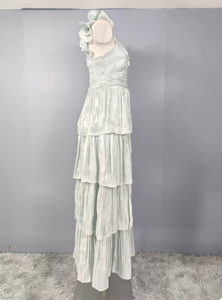 Vintage Dusty Sage A-Line V-Neck Satin Tiered Long Prom Dress Evening Dress Secondary image