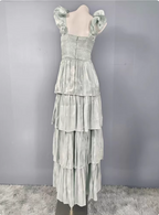 Vintage Dusty Sage A-Line V-Neck Satin Tiered Long Prom Dress Evening Dress