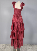 Vintage Dusty Sage A-Line V-Neck Satin Tiered Long Prom Dress Evening Dress
