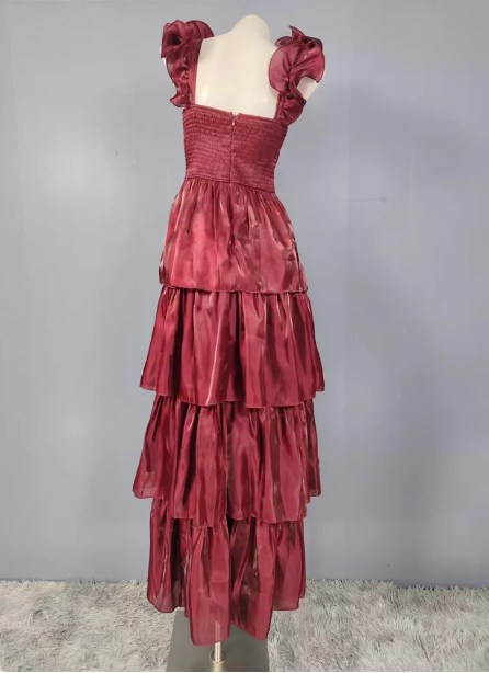 Vintage Dusty Sage A-Line V-Neck Satin Tiered Long Prom Dress Evening Dress