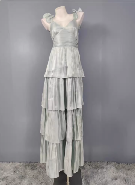 Vintage Dusty Sage A-Line V-Neck Satin Tiered Long Prom Dress Evening Dress