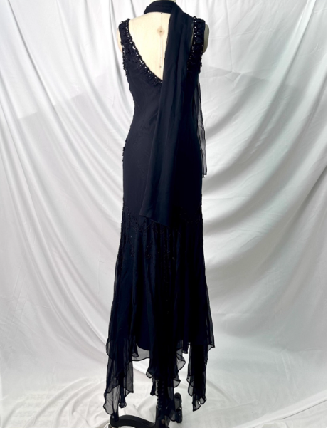 Vintage Elegant Black Mermaid Asymmetrical Hem Beaded Chiffon Long Prom Dress Evening Dress