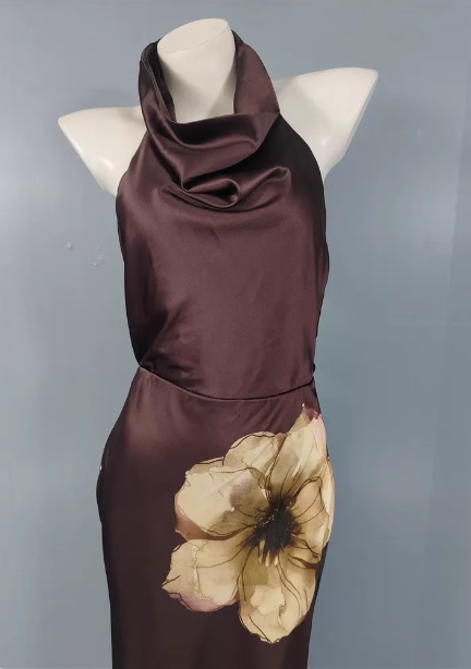 Vintage Elegant Dark Brown Printed Halter Neck Open Back Satin Long Prom Dress Evening Dress Secondary image