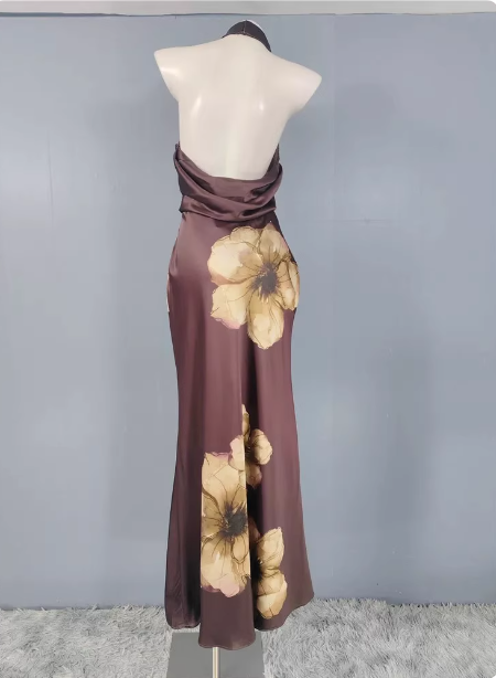Vintage Elegant Dark Brown Printed Halter Neck Open Back Satin Long Prom Dress Evening Dress