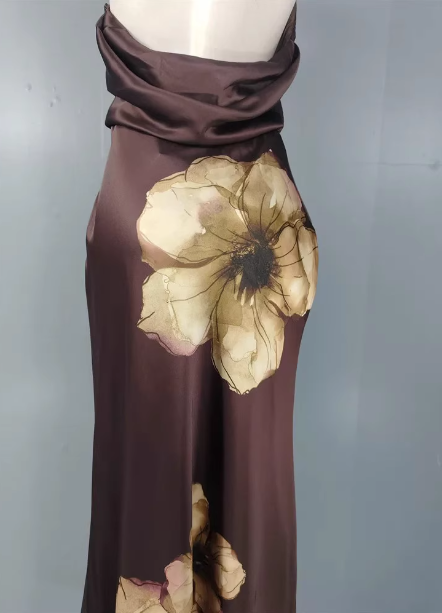 Vintage Elegant Dark Brown Printed Halter Neck Open Back Satin Long Prom Dress Evening Dress
