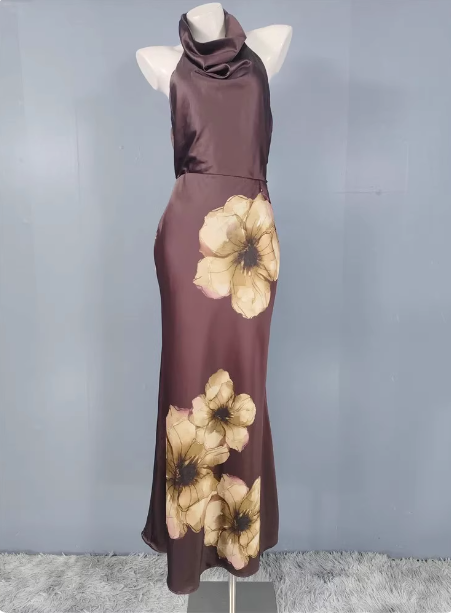 Vintage Elegant Dark Brown Printed Halter Neck Open Back Satin Long Prom Dress Evening Dress