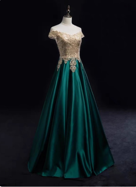 Vintage Emerald Green A-Line Off-The-Shoulder Lace Satin Long Prom Dress Evening Dress Secondary image