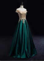 Vintage Emerald Green A-Line Off-The-Shoulder Lace Satin Long Prom Dress Evening Dress