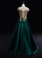 Vintage Emerald Green A-Line Off-The-Shoulder Lace Satin Long Prom Dress Evening Dress