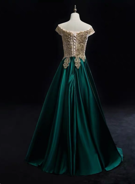 Vintage Emerald Green A-Line Off-The-Shoulder Lace Satin Long Prom Dress Evening Dress