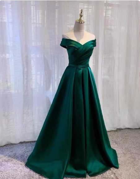 Vintage Emerald Green A-Line Off-The-Shoulder Satin Long Prom Dress Evening Dress Secondary image