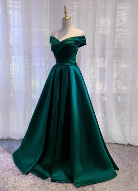 Vintage Emerald Green A-Line Off-The-Shoulder Satin Long Prom Dress Evening Dress