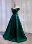 Vintage Emerald Green A-Line Off-The-Shoulder Satin Long Prom Dress Evening Dress