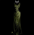 Vintage Emerald Green V-Neck Ruffled Satin Long Prom Dress Evening Dress