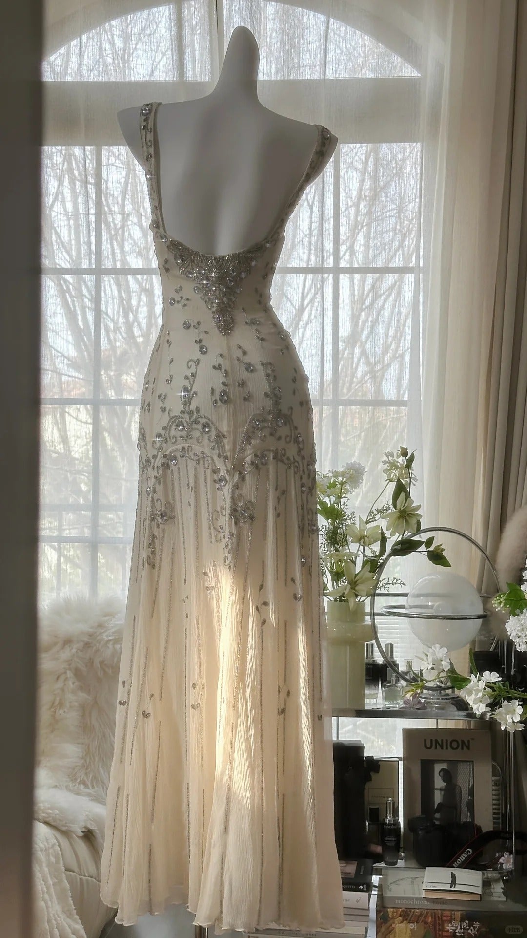 Vintage Evening Dress, Light Champagne Long Sleeveless Party Gowns