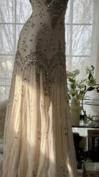 Vintage Evening Dress, Light Champagne Long Sleeveless Party Gowns