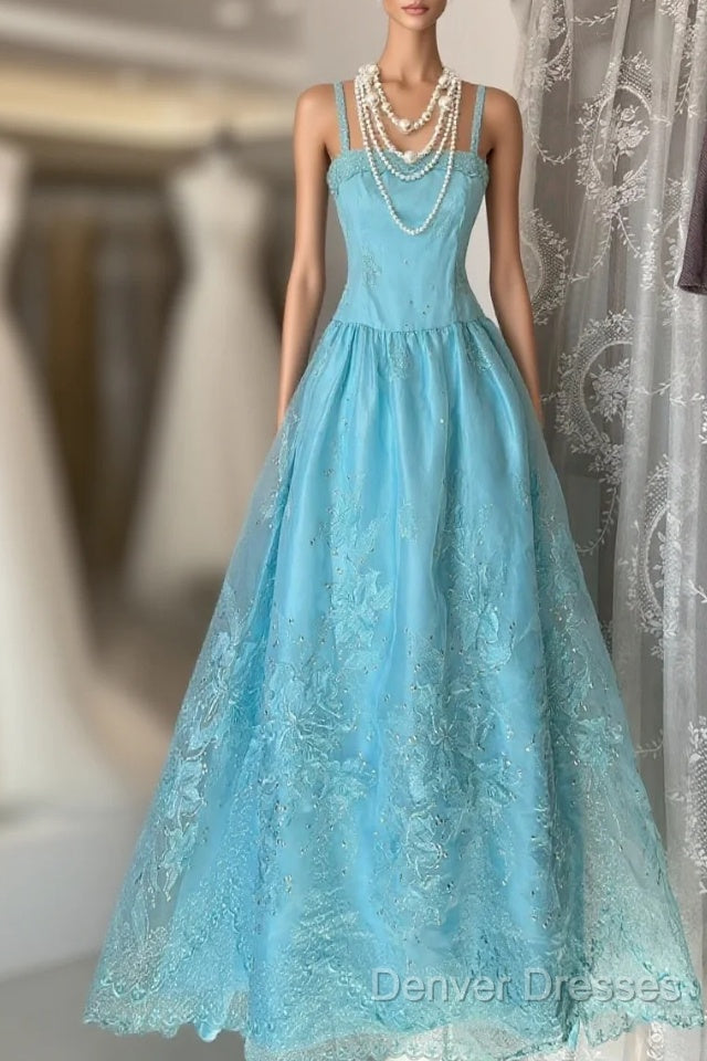 Vintage Fashion A Line Spaghetti Straps Light Blue Floor Length Evening Dress Prom Dress Main image