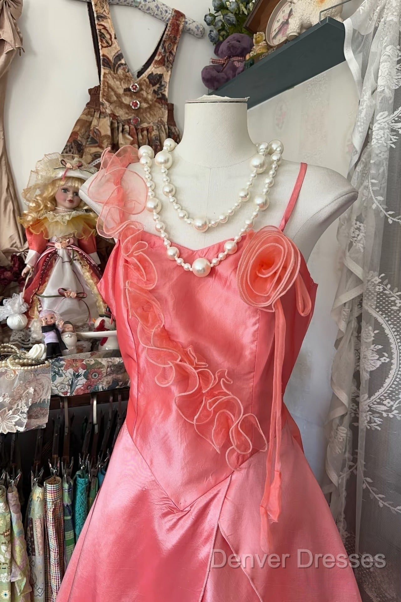 Vintage Fashion A Line Spaghetti Straps Pink Floor Length Evening Dress Prom Dress Secondary image