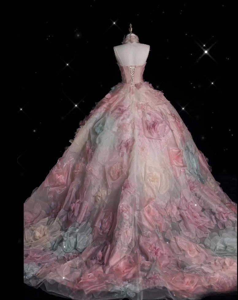 Vintage Fashion Ball Gown Strapless Pink Floral Floor Length Evening Dress Prom Dress Secondary image