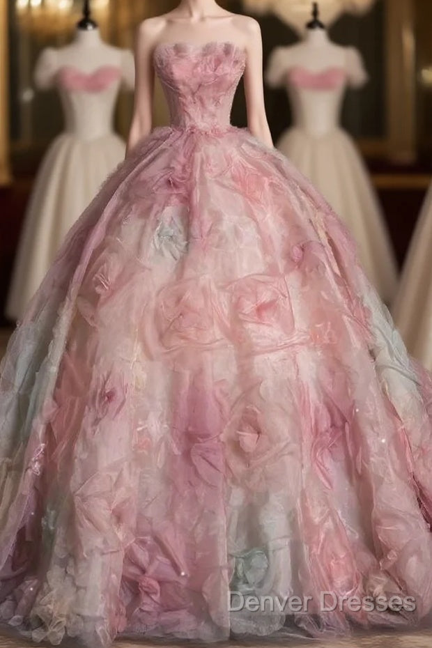 Vintage Fashion Ball Gown Strapless Pink Floral Floor Length Evening Dress Prom Dress Main image