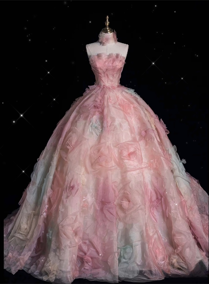 Vintage Fashion Ball Gown Strapless Pink Floral Floor Length Evening Dress Prom Dress Main image