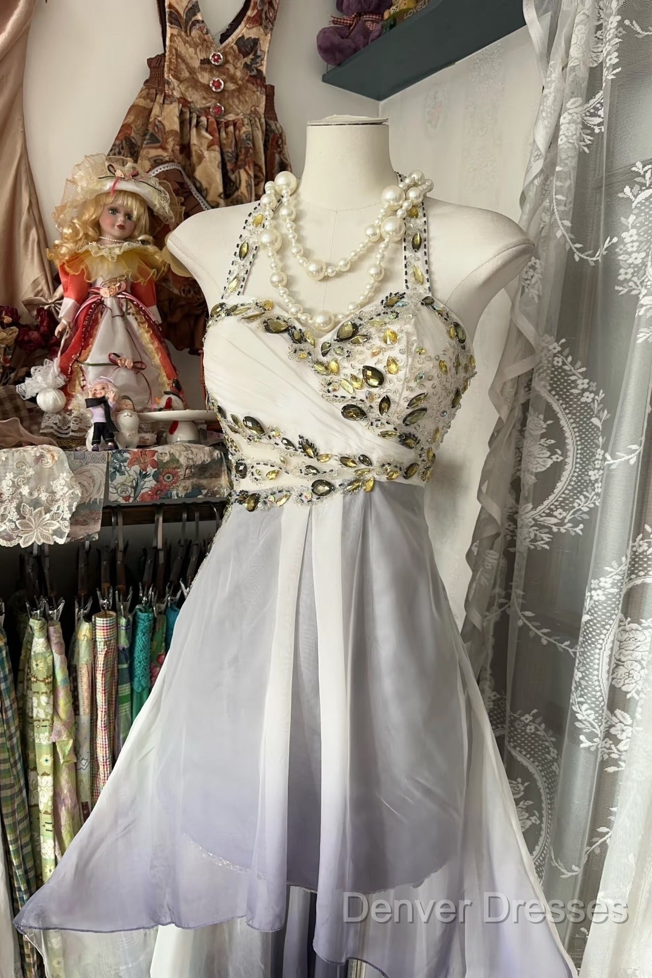 Vintage Fashion High Low Halter Ombre Gray Chiffon Evening Dress Prom Dress