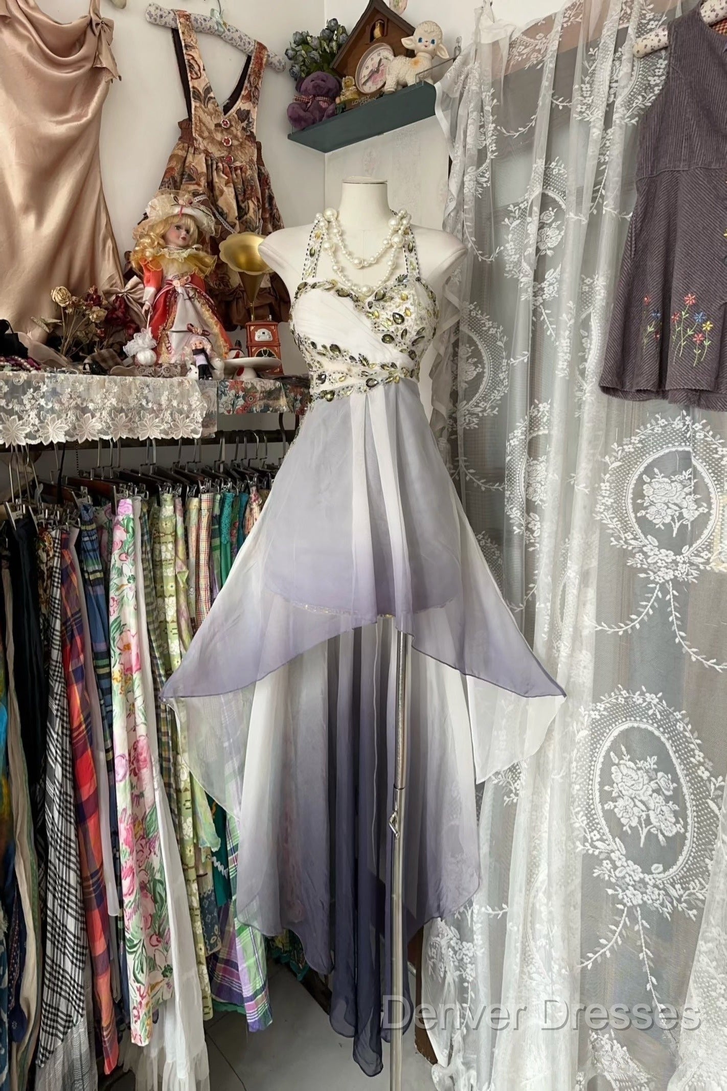 Vintage Fashion High Low Halter Ombre Gray Chiffon Evening Dress Prom Dress