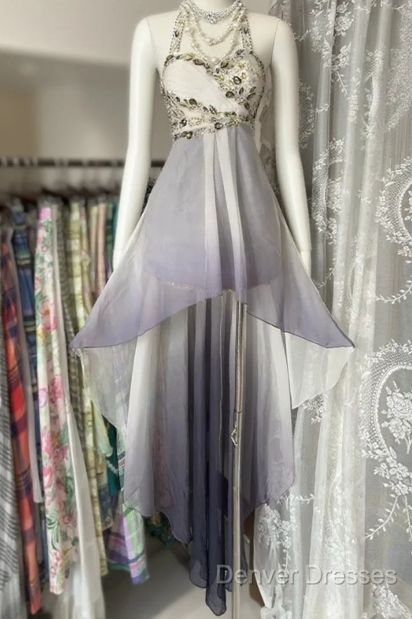 Vintage Fashion High Low Halter Ombre Gray Chiffon Evening Dress Prom Dress Main image